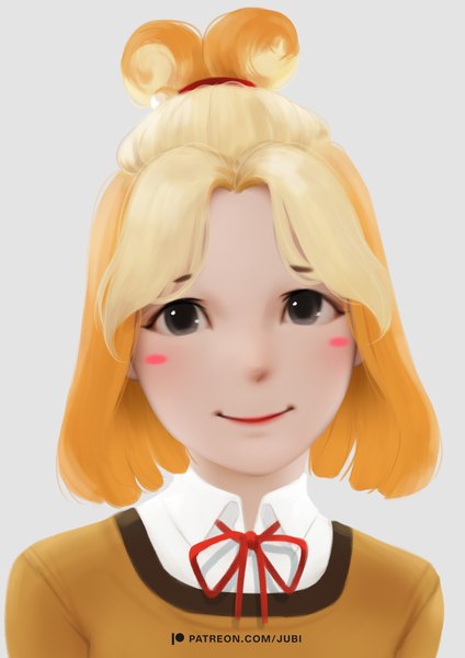 Anime picture 2480x3508 with animal crossing shizue (doubutsu no mori) jubi (regiana) single tall image looking at viewer highres short hair blonde hair smile signed grey background grey eyes lipstick portrait blush stickers humanization girl