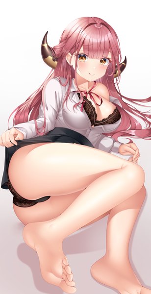Anime picture 1403x2731 with blue archive aru (blue archive) ssong2 single long hair tall image looking at viewer blush fringe breasts light erotic simple background smile large breasts brown eyes pink hair bent knee (knees) lying blunt bangs long sleeves
