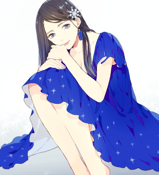 Anime picture 905x1000 with original sekkisei setsuko mosuko single long hair tall image looking at viewer black hair simple background smile white background sitting bare legs grey eyes snowflake print girl dress hair ornament earrings