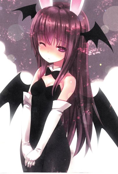 Anime picture 1200x1768 with touhou koakuma kiira single long hair tall image looking at viewer blush fringe red eyes standing white background animal ears cleavage red hair one eye closed wink scan bunny ears embarrassed
