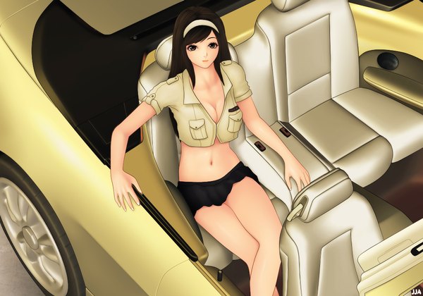 Anime picture 1100x770 with original khalitzburg single long hair black hair black eyes girl skirt navel miniskirt hairband ground vehicle car convertible