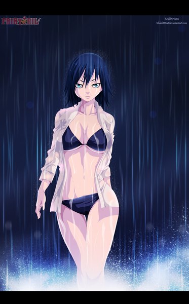 Anime picture 3640x5849 with fairy tail juvia lockser khalilxpirates single tall image highres short hair blue eyes light erotic smile blue hair absurdres inscription open clothes wet open shirt copyright name coloring rain girl