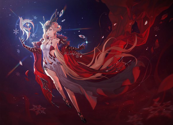 Anime picture 2000x1443 with genshin impact signora (genshin impact) ladywaltz single highres blue eyes blonde hair signed looking away full body very long hair twitter username girl dress gloves elbow gloves mask snowflake (snowflakes) delusion (genshin impact)