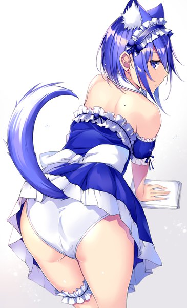 Anime picture 2497x4096 with original kurebayashi noe single tall image looking at viewer blush fringe highres short hair blue eyes light erotic simple background hair between eyes white background bare shoulders animal ears payot blue hair ass tail
