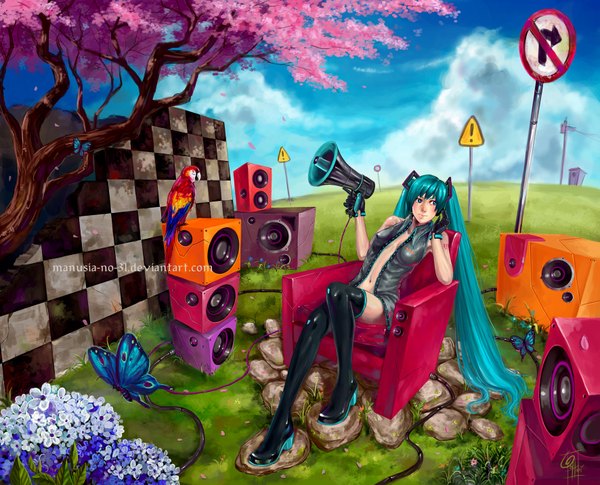 Anime picture 1772x1434 with vocaloid hatsune miku manusia-no-31 single long hair highres blue eyes sitting sky cloud (clouds) aqua hair open clothes open shirt checkered girl gloves flower (flowers) plant (plants) animal tree (trees)