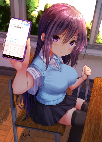 Anime picture 1389x1928 with original mokufuu single long hair tall image looking at viewer blush fringe breasts hair between eyes large breasts sitting purple eyes holding purple hair indoors pleated skirt inscription short sleeves zettai ryouiki