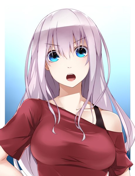 Anime-Bild 1500x1950 mit original winu (hertrion) single long hair tall image looking at viewer fringe breasts open mouth blue eyes bare shoulders silver hair multicolored hair grey hair :o gradient hair >:o girl t-shirt