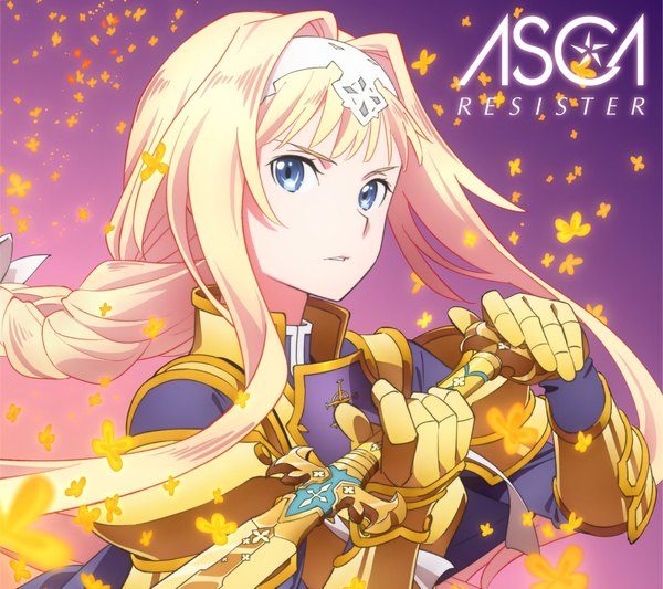 Anime picture 1999x1779 with sword art online sword art online: alicization a-1 pictures alice zuberg single long hair fringe highres blue eyes blonde hair holding looking away upper body braid (braids) parted lips inscription official art gradient background floating hair single braid