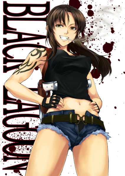 Аниме картинка 868x1228 с пираты «чёрной лагуны» madhouse revy (black lagoon) din (raiden) один (одна) длинные волосы высокое изображение смотрит на зрителя лёгкая эротика каштановые волосы карие глаза вид снизу татуировка название копирайта дым курение руки на бёдрах девушка перчатки пупок