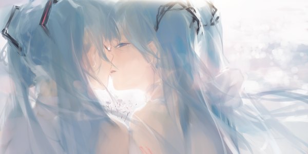 Anime picture 2000x1000 with vocaloid hatsune miku spencer sais long hair looking at viewer fringe highres wide image multiple girls upper body eyes closed aqua eyes aqua hair tattoo shoujo ai dual persona almost kiss 2019 girl flower (flowers)