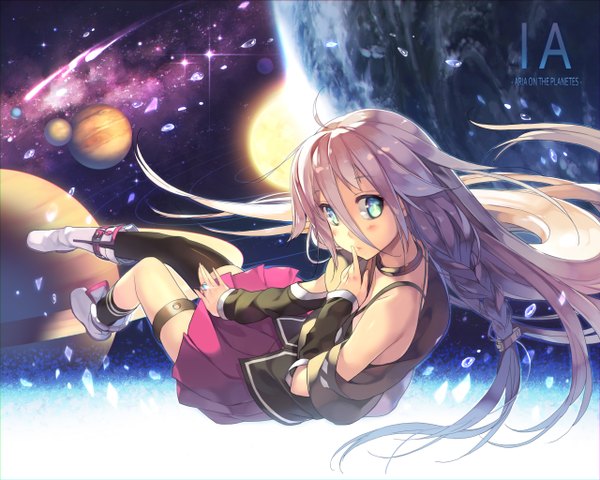 Anime picture 2560x2048 with vocaloid ia (vocaloid) btoor single blush highres blue eyes blonde hair bare shoulders ahoge bent knee (knees) braid (braids) very long hair pleated skirt looking back from above off shoulder wallpaper character names floating hair