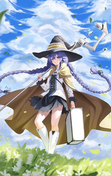 Anime picture 2000x3178 with mushoku tensei studio bind roxy migurdia nacho (nacho 1103) single tall image looking at viewer blush fringe highres blue eyes hair between eyes standing holding payot blue hair looking away sky cloud (clouds) full body