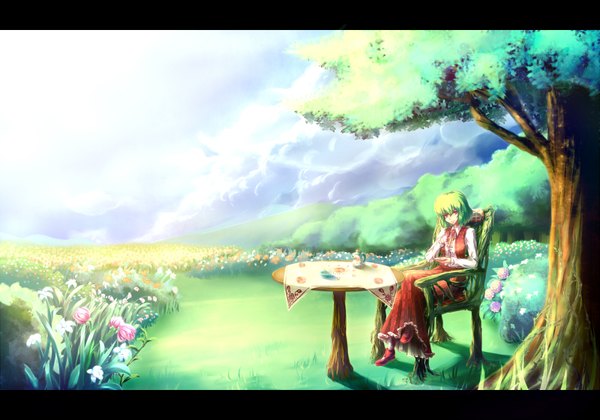Anime picture 1600x1120 with touhou kazami yuuka byakusouya (artist) single short hair red eyes green hair landscape field girl flower (flowers) plant (plants) tree (trees) chair table