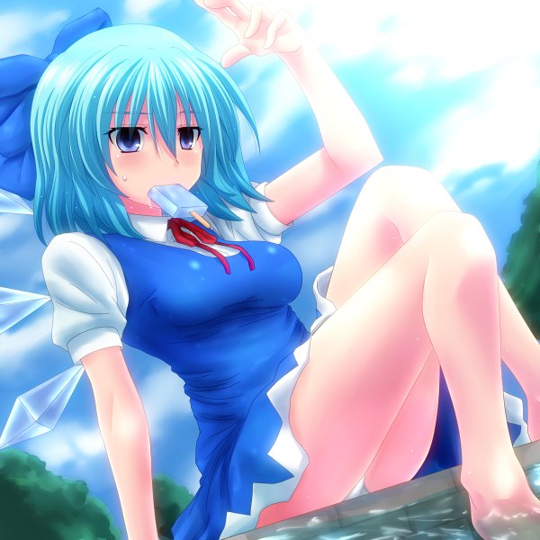 Anime picture 1200x1200 with touhou cirno watarui short hair blue eyes light erotic sitting blue hair pantyshot pantyshot sitting girl dress wings food sweets ice cream