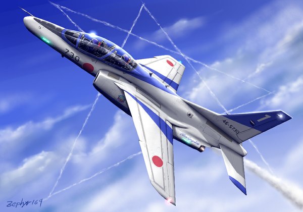 Anime picture 1000x700 with original zephyr164 signed sky cloud (clouds) flying landscape pilot weapon airplane jet