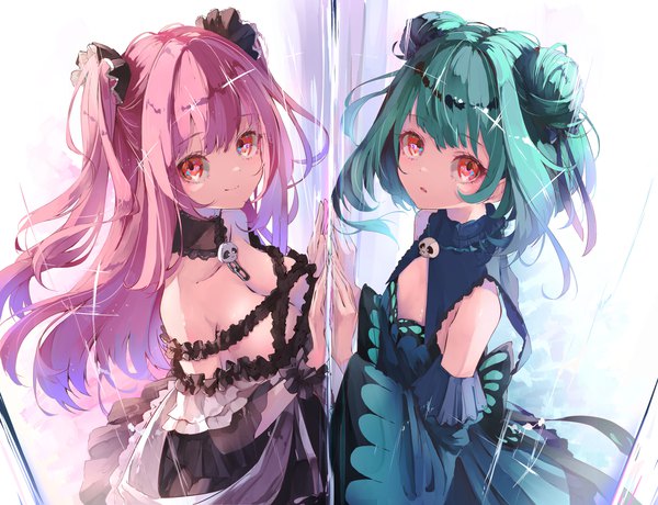 Anime picture 3200x2451 with virtual youtuber hololive uruha rushia uruha rushia (1st costume) uruha rushia (3rd costume) ninniku mashimashi long hair looking at viewer highres short hair breasts light erotic red eyes large breasts multiple girls green eyes pink hair absurdres cleavage hair bun (hair buns)