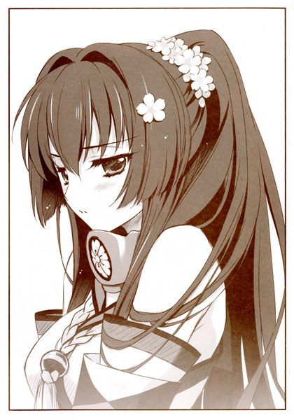 Anime picture 1436x2050 with kantai collection yamato super battleship carnelian single long hair tall image blush fringe breasts brown hair white background brown eyes looking away ponytail hair flower monochrome framed sad kikumon girl