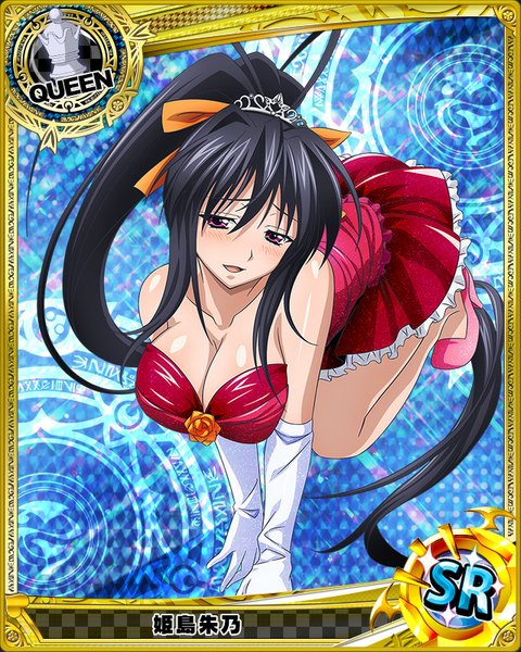 Anime picture 640x800 with highschool dxd himejima akeno single tall image looking at viewer blush breasts open mouth light erotic black hair large breasts purple eyes cleavage ponytail very long hair card (medium) girl dress gloves white gloves