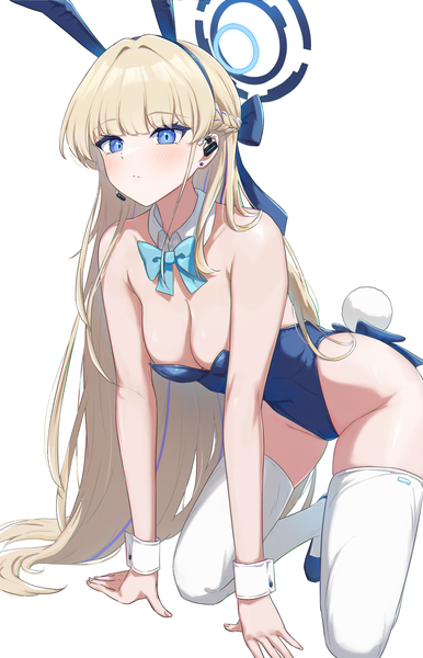 Anime picture 1094x1700 with blue archive toki (blue archive) toki (bunny) (blue archive) sauvignon single long hair tall image blush fringe breasts blue eyes light erotic simple background blonde hair white background animal ears looking away tail blunt bangs animal tail