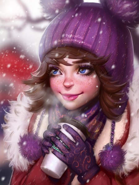 Anime picture 1536x2048 with ayyasap single tall image short hair blue eyes brown hair upper body light smile lips realistic lipstick portrait snowing winter exhalation pink lipstick freckles girl gloves scarf