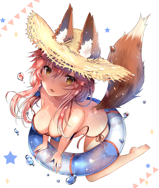 Anime picture 1695x2000 with fate (series) fate/extra tamamo (fate) (all) tamamo no mae (swimsuit lancer) (fate) usagihime single long hair tall image looking at viewer blush fringe breasts open mouth light erotic simple background hair between eyes large breasts white background sitting animal ears