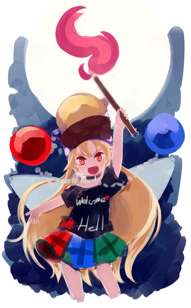 Anime picture 1240x2000 with touhou hecatia lapislazuli sakana (packetsjp) single long hair tall image looking at viewer fringe open mouth blonde hair red eyes standing :d arm up short sleeves text outstretched arm plaid skirt english cosplay