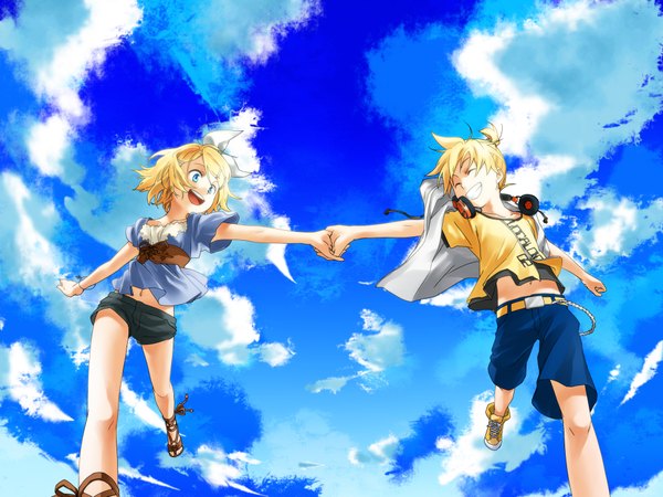 Anime picture 2000x1500 with vocaloid kagamine rin kagamine len junji highres short hair blonde hair sky ponytail couple holding hands girl hair ornament shorts headphones sandals hairpin (hairpins)