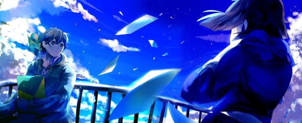Anime picture 3306x1352 with kagerou project shaft (studio) summertime record (vocaloid) enomoto takane kokonose haruka yellowhima highres short hair black hair wide image looking away sky cloud (clouds) wind from behind black eyes girl boy paper sketchbook