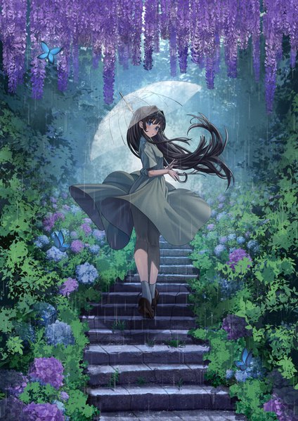 Anime picture 2125x3010 with original silvertsuki single long hair tall image looking at viewer fringe highres open mouth blue eyes black hair hair between eyes standing holding payot full body outdoors looking back from behind :o