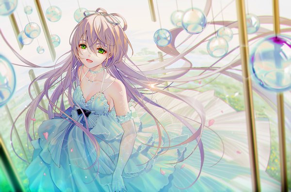Anime picture 2000x1320 with vocaloid vocaloid china luo tianyi tidsean single long hair looking at viewer fringe highres breasts open mouth smile hair between eyes standing bare shoulders green eyes cleavage :d from above grey hair