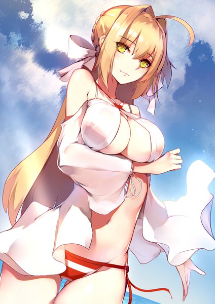 Anime picture 2480x3507 with fate (series) fate/grand order nero claudius (fate) (all) nero claudius (swimsuit caster) (fate) ban bu bu duou single long hair tall image looking at viewer blush fringe highres breasts light erotic blonde hair hair between eyes large breasts standing yellow eyes sky