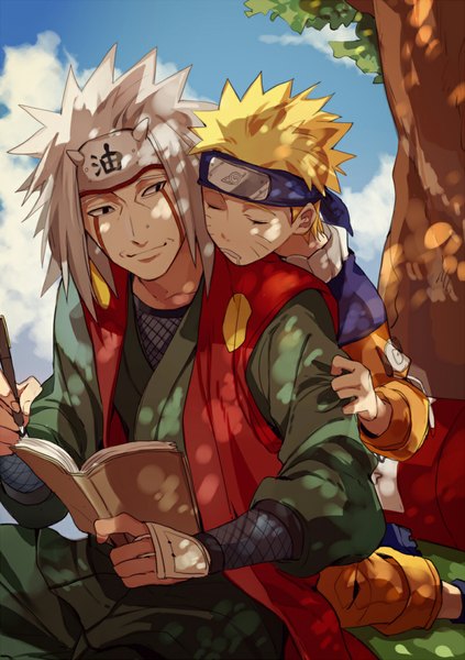 Anime picture 800x1135 with naruto studio pierrot naruto (series) uzumaki naruto jiraiya ekkoe kkkkt long hair tall image short hair blonde hair smile holding sky cloud (clouds) white hair eyes closed multiple boys facial mark sleeping