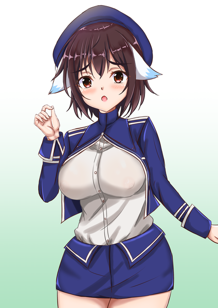 Anime picture 2480x3508 with plunderer lyne mei (plunderer) sino kon single tall image looking at viewer blush highres short hair breasts open mouth simple background brown hair large breasts standing brown eyes animal ears upper body :o embarrassed