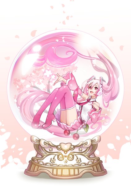 Anime-Bild 750x1061 mit vocaloid hatsune miku sakura miku mamo (fortune-mm) single tall image fringe open mouth hair between eyes twintails pink hair very long hair :d pink eyes looking up in container girl detached sleeves petals necktie