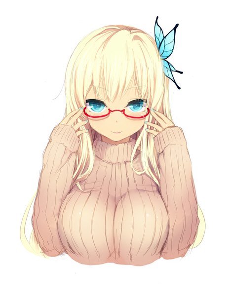 Anime picture 700x900 with boku wa tomodachi ga sukunai kashiwazaki sena cait single long hair tall image looking at viewer simple background blonde hair white background upper body aqua eyes sketch adjusting glasses girl hair ornament glasses sweater turtleneck butterfly hair ornament