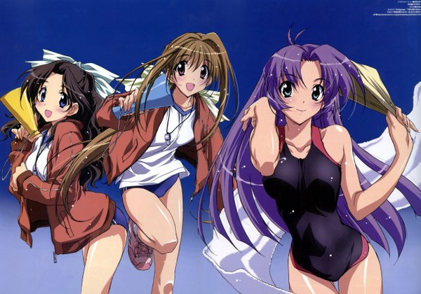 Anime picture 4900x3431 with kakyuusei 2 kakyuusei saimon tamaki kotono chiho shirai yuuri kurashima tomoyasu long hair looking at viewer blush highres open mouth light erotic smile brown hair standing multiple girls signed purple hair :d scan