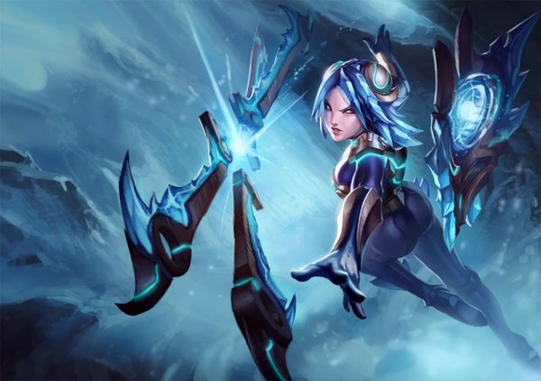 Anime picture 1400x986 with league of legends irelia (league of legends) short hair brown eyes blue hair magic winter snow girl weapon armor ice