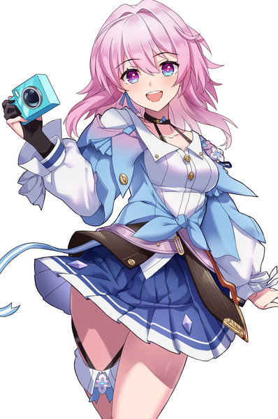 Anime picture 1910x2882 with honkai: star rail honkai (series) march 7th (honkai: star rail) derori single long hair tall image looking at viewer fringe highres open mouth simple background hair between eyes white background pink hair :d pleated skirt multicolored eyes girl skirt