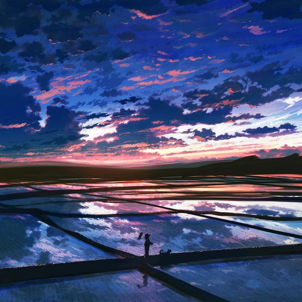 Anime picture 2000x2000 with original 108 highres sky cloud (clouds) evening sunset landscape scenic field boy water dog rice paddy