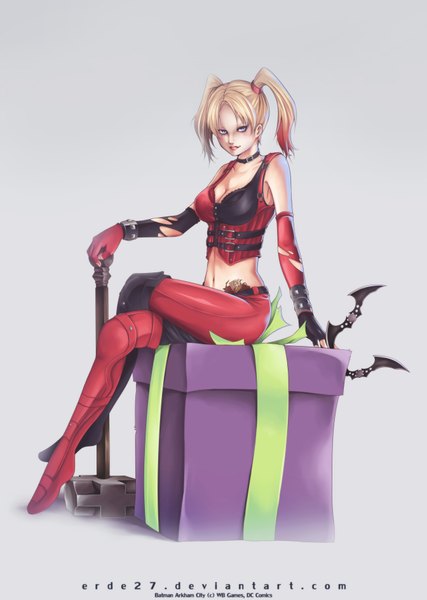 Anime picture 1344x1890 with batman dc comics harley queen erde27 single long hair tall image blue eyes simple background blonde hair twintails red hair multicolored hair lips grey background two-tone hair midriff lipstick crossed legs coloring