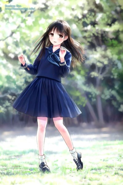 Anime picture 667x1000 with original kazuharu kina single long hair tall image looking at viewer blush open mouth brown hair brown eyes pleated skirt girl skirt uniform plant (plants) tree (trees) socks serafuku shoes white socks