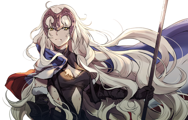 Anime picture 1000x640 with fate (series) fate/apocrypha jeanne d'arc (fate) (all) jeanne d'arc (fate) dashi (minzoku gb) single looking at viewer simple background white background yellow eyes cleavage upper body white hair very long hair bare belly fur trim wavy hair cleavage cutout girl gloves
