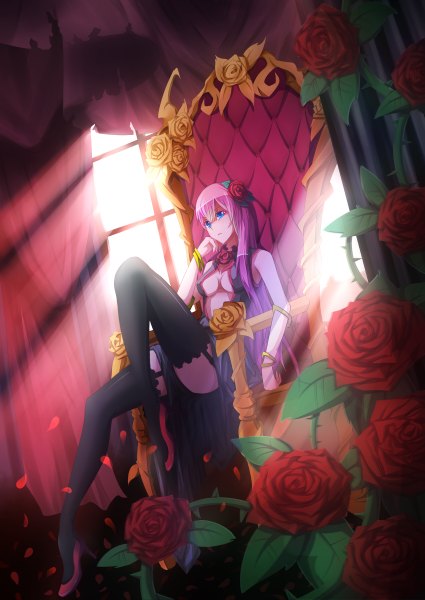 Anime picture 1700x2400 with vocaloid megurine luka paparins (artist) single long hair tall image blue eyes sitting pink hair hair flower head rest girl thighhighs dress hair ornament flower (flowers) black thighhighs petals shoes bracelet