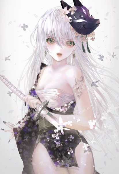 Anime picture 2310x3357 with original zaifan single long hair tall image looking at viewer fringe highres breasts light erotic simple background hair between eyes standing holding white hair nail polish traditional clothes parted lips japanese clothes hair flower