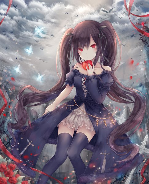 Anime picture 3472x4287 with original yenshin (k5142204) single tall image looking at viewer highres red eyes brown hair standing twintails bare shoulders holding absurdres sky cloud (clouds) outdoors long sleeves very long hair short sleeves puffy sleeves