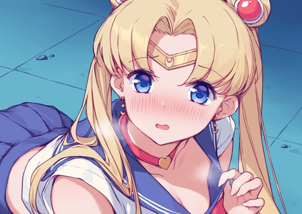Anime picture 2108x1500 with bishoujo senshi sailor moon toei animation tsukino usagi sailor moon timeo single long hair blush highres breasts open mouth blue eyes light erotic blonde hair from above hair bun (hair buns) embarrassed steam sailor collar magical girl