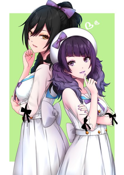 Anime picture 1254x1771 with idolmaster idolmaster shiny colors shirase sakuya tanaka mamimi maou (demonlord) long hair tall image looking at viewer blush fringe breasts black hair simple background smile standing purple eyes twintails yellow eyes payot purple hair