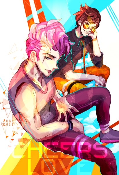 Anime picture 684x1000 with overwatch blizzard entertainment tracer (overwatch) zarya (overwatch) augichii tall image short hair smile brown hair purple eyes brown eyes signed pink hair from above arm support multiple boys text scar eyebrows english