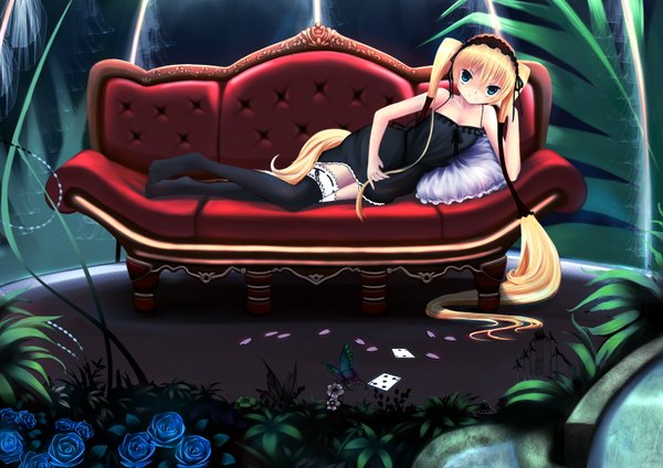 Anime picture 3507x2480 with seikon no qwaser ekaterina kurae looking at viewer highres blue eyes blonde hair twintails absurdres lying very long hair loli girl thighhighs flower (flowers) black thighhighs hairband pillow insect butterfly couch