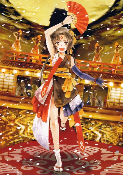 Anime picture 2157x3067 with original eshi 100-nin ten ueda yumehito long hair tall image looking at viewer blush highres open mouth brown hair brown eyes traditional clothes dancing girl fan confetti